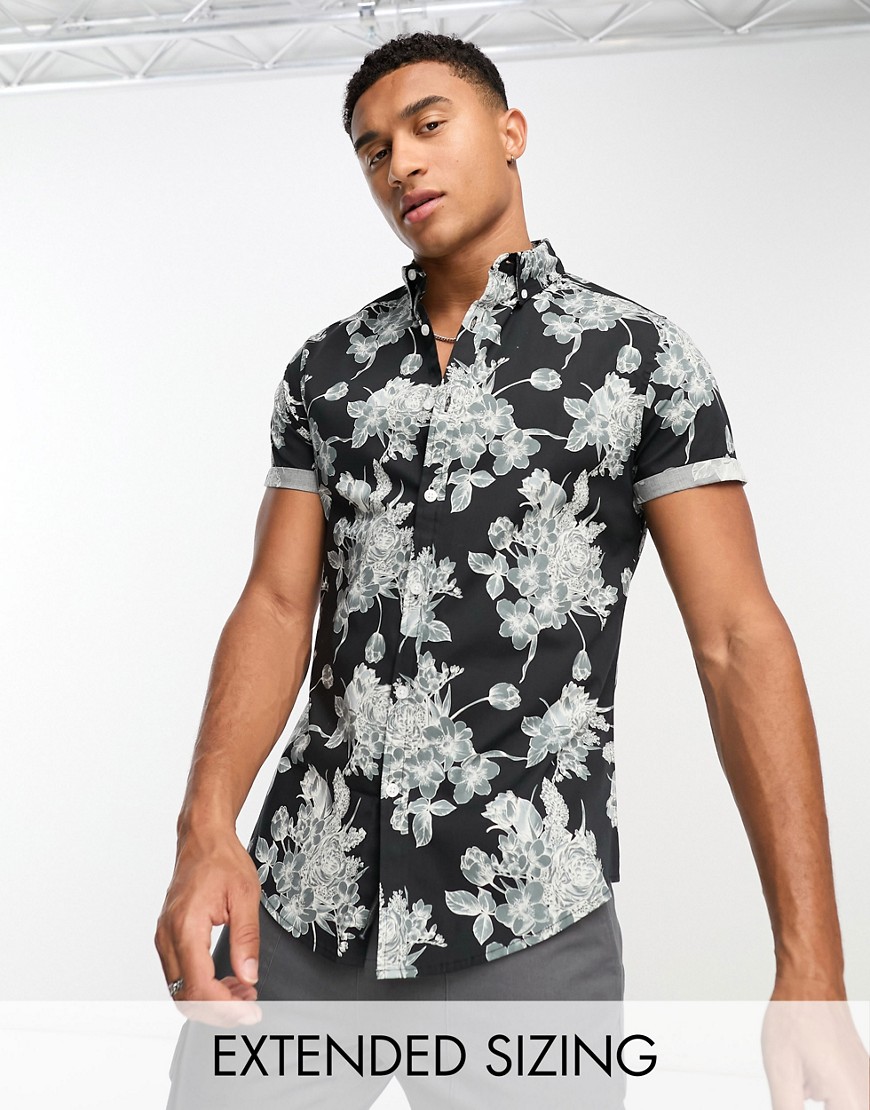 ASOS DESIGN stretch slim shirt in black and grey floral print