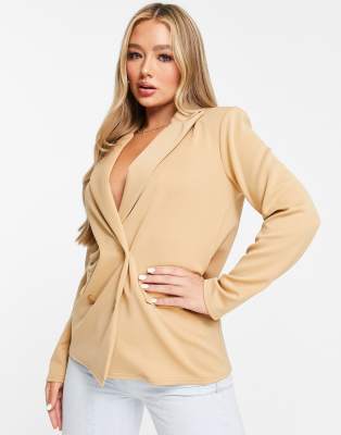 Structured jersey double breasted blazer in camel