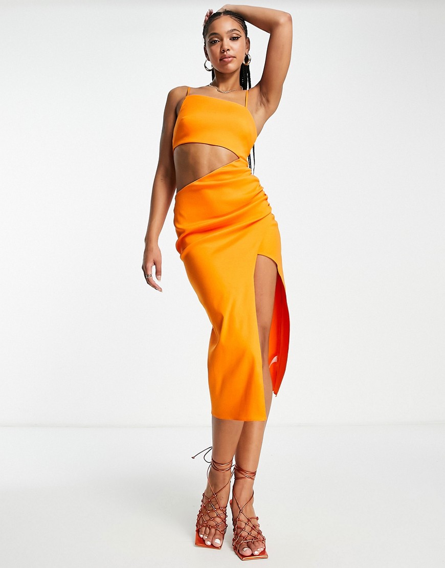 ASOS DESIGN structured strappy midi dress with cut out detail in orange