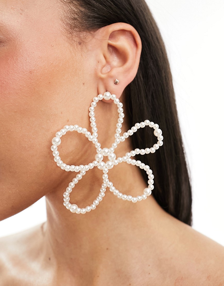 ASOS DESIGN stud earring with XL faux pearl floral detail-White
