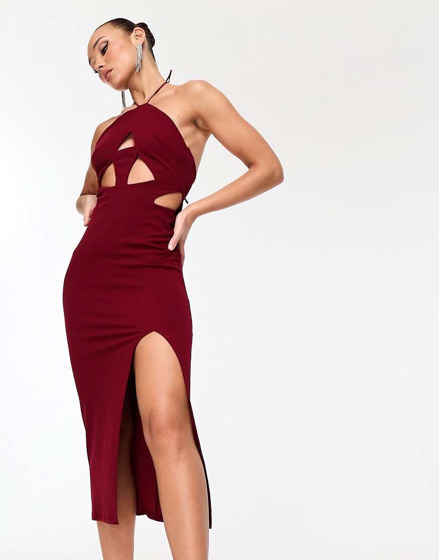 ASOS DESIGN super cut out halter midi dress in berry-Red