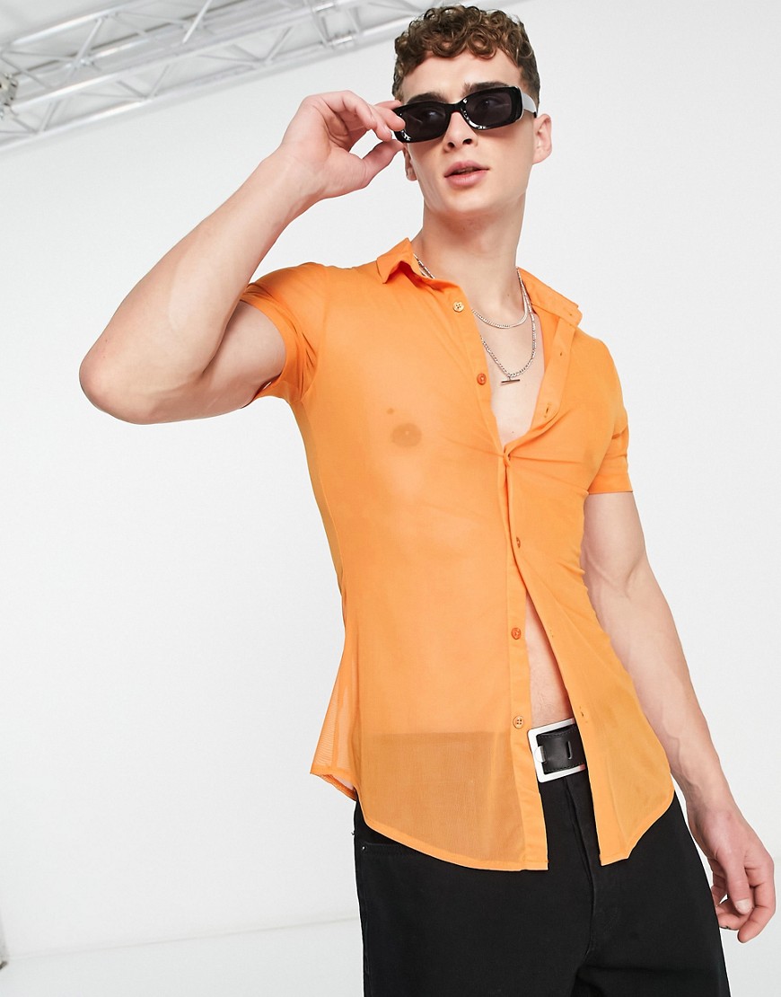 ASOS DESIGN super skinny mesh shirt in bright orange