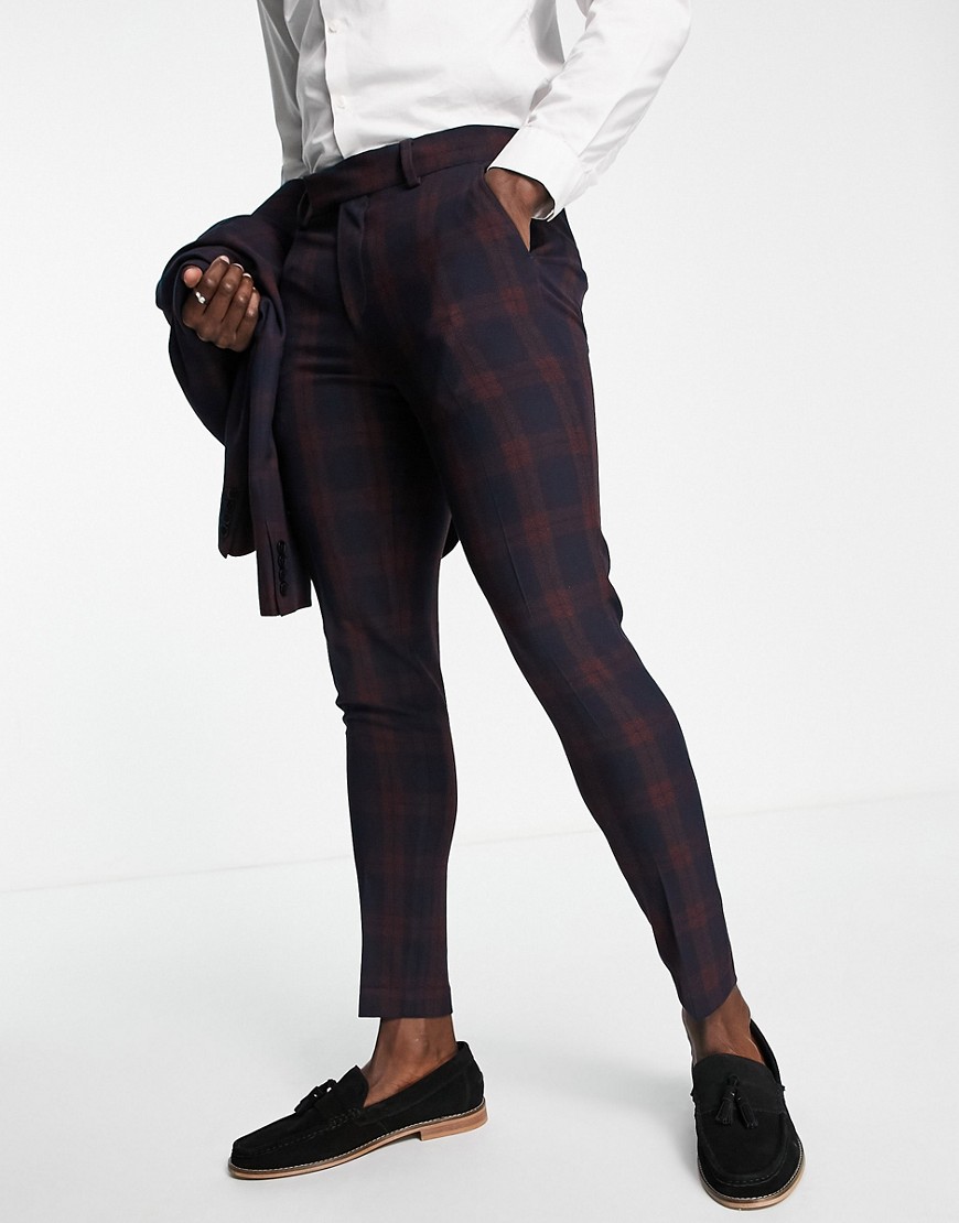 ASOS DESIGN super skinny suit trousers in burgundy blackwatch tartan check-Red