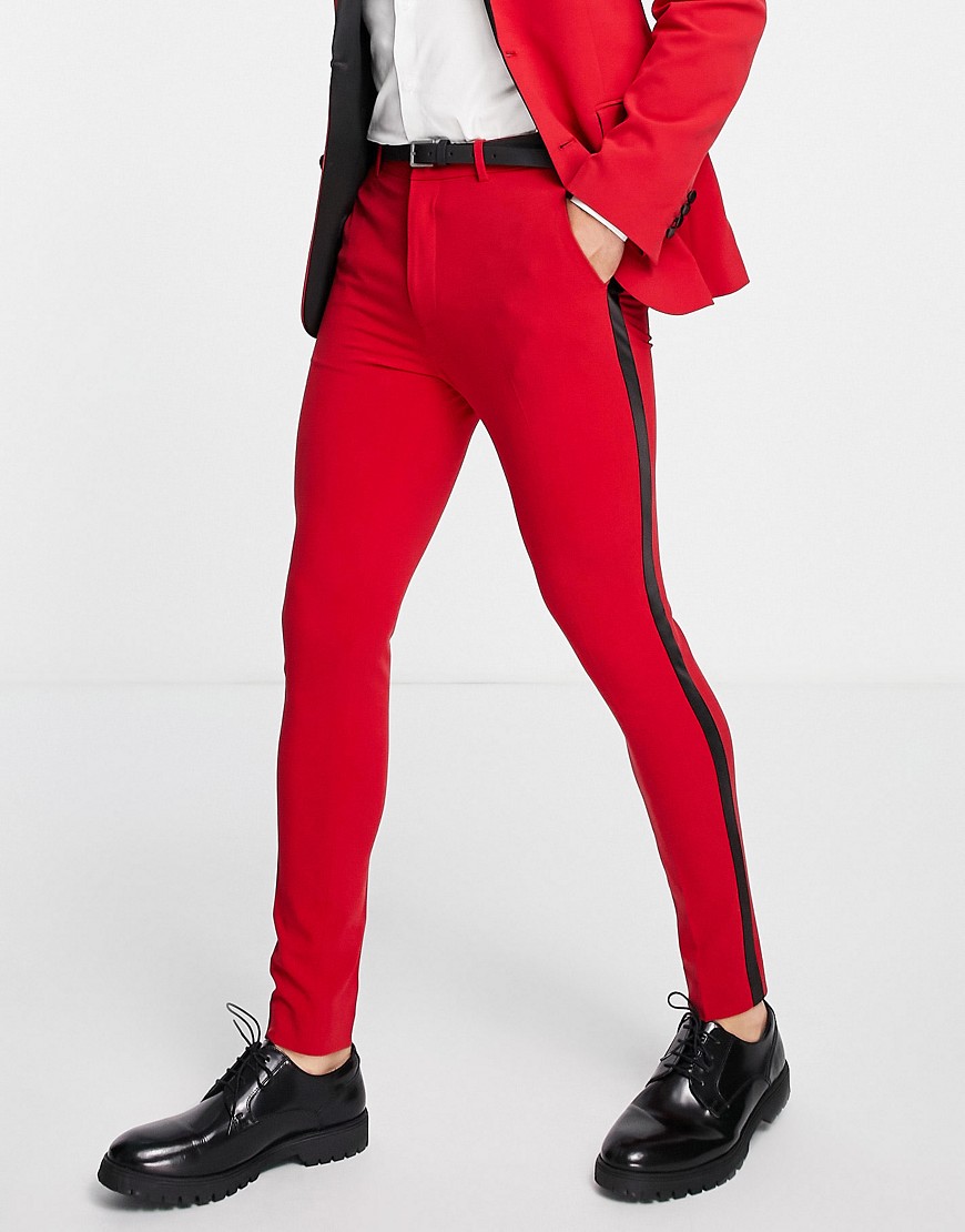 ASOS DESIGN super skinny tuxedo trousers in red with satin side stripe