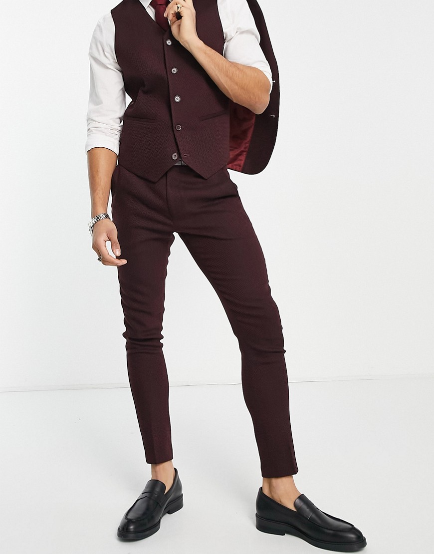 ASOS DESIGN super skinny wool mix suit trousers in burgundy herringbone-Red