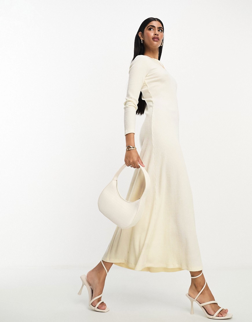 ASOS DESIGN supersoft rib crew neck midi dress with long sleeve in winter white