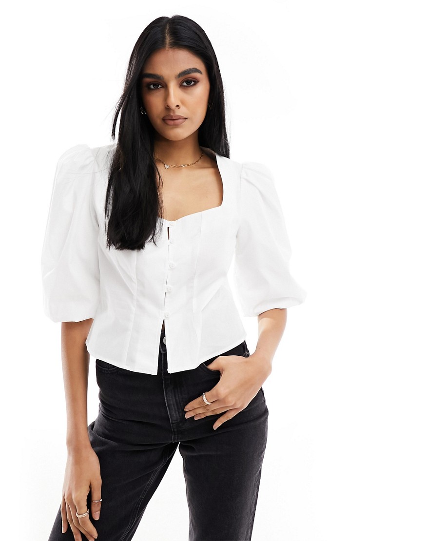 ASOS DESIGN sweetheart puff sleeve blouse in ivory-White