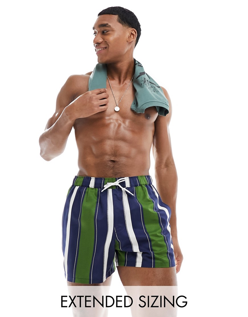 ASOS DESIGN swim shorts in short length in green and navy stripe