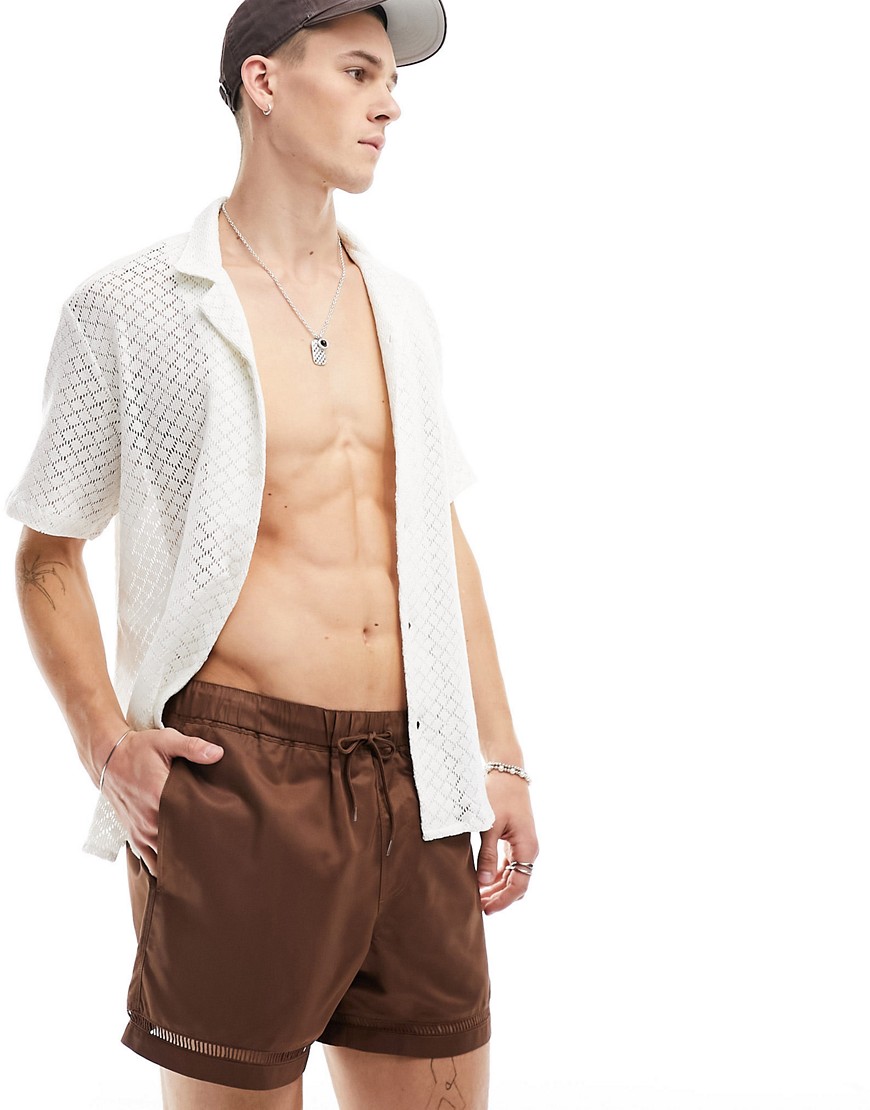 ASOS DESIGN swim shorts in short length with hem details in brown