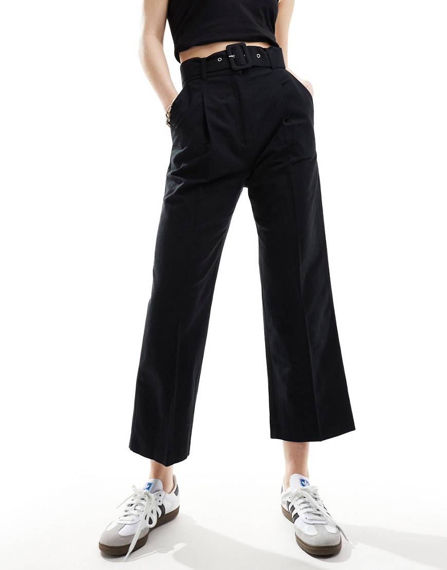 ASOS DESIGN tailored belted trouser with linen in light black
