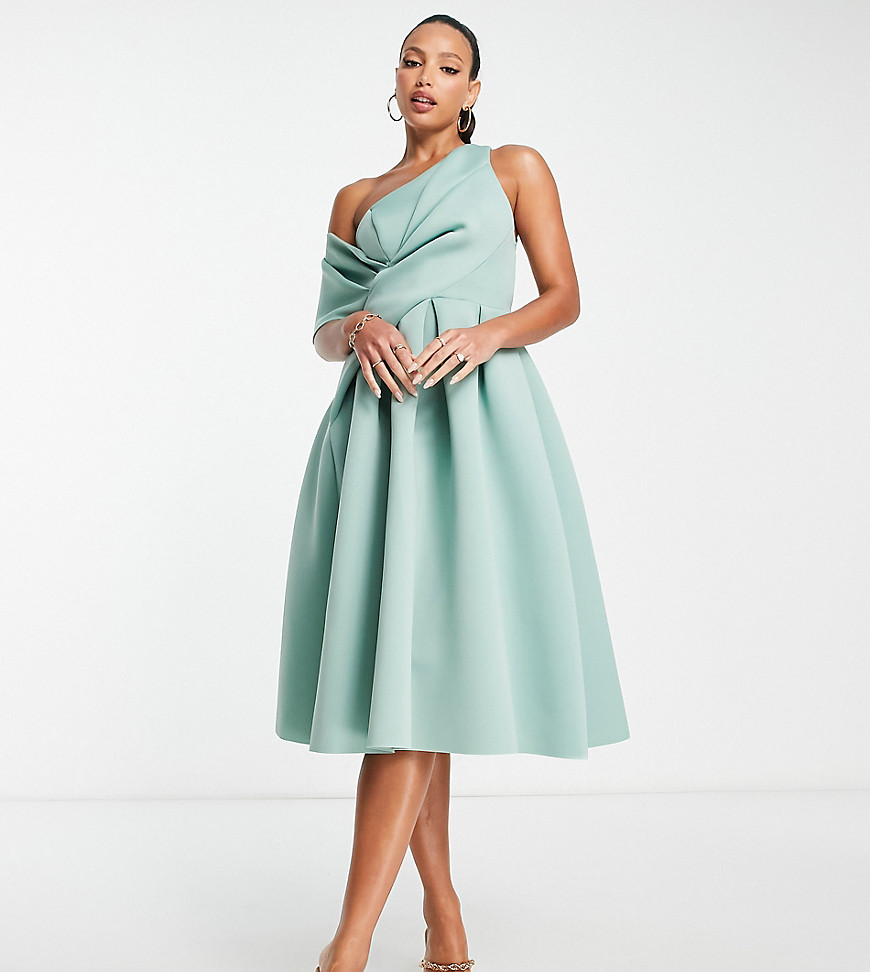 ASOS DESIGN Tall bare shoulder prom midi dress in frosted sage-Green