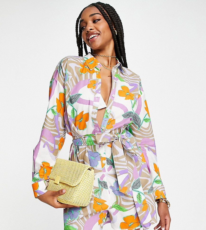 ASOS DESIGN Tall belted shirt beach playsuit in swirl floral print-Multi