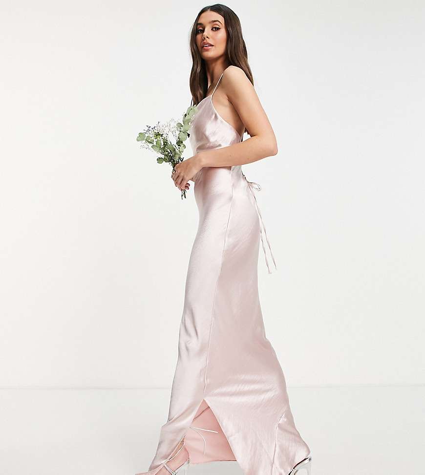 ASOS DESIGN Tall Bridesmaid cami maxi slip dress in high shine satin with lace up back in blush-Pink