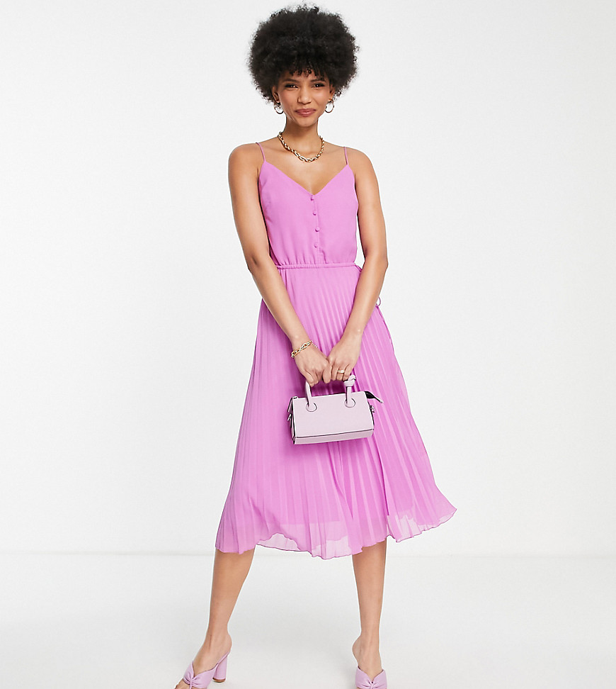 ASOS DESIGN Tall button front pleated cami midi dress with drawstring waist in purple