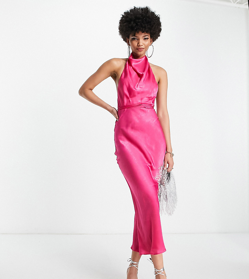 ASOS DESIGN Tall cowl neck halter midi with tie wrap waist in bright pink