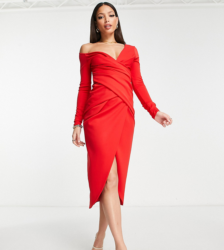 ASOS DESIGN Tall drop shoulder midi dress with pleat detail in red