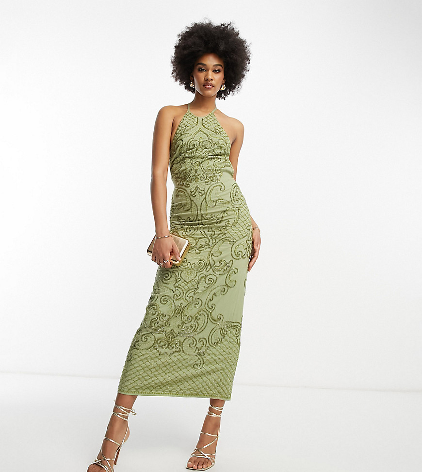 ASOS DESIGN Tall embellished high neck midi dress with mirror beading detail in khaki-Green
