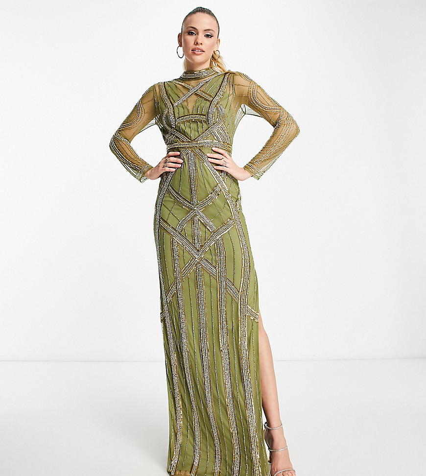 ASOS DESIGN Tall ergonomic embellished maxi dress in khaki-Green