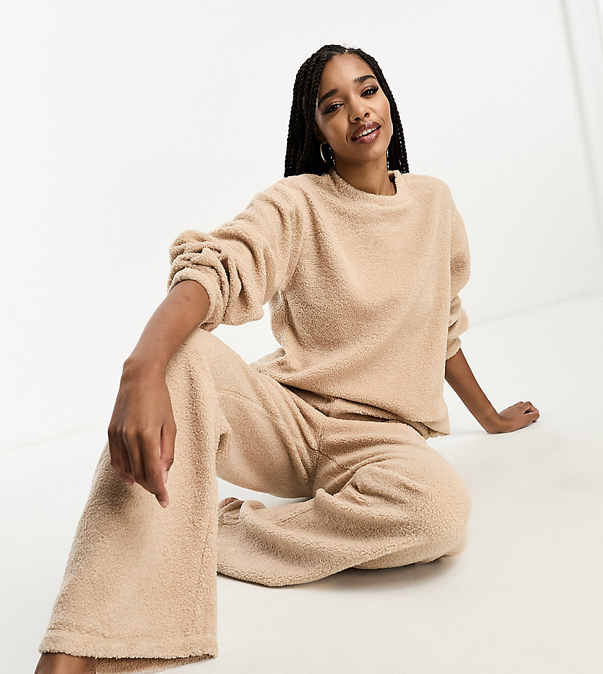 ASOS DESIGN Tall exclusive lounge borg sweat & wide leg trouser set in camel-Brown