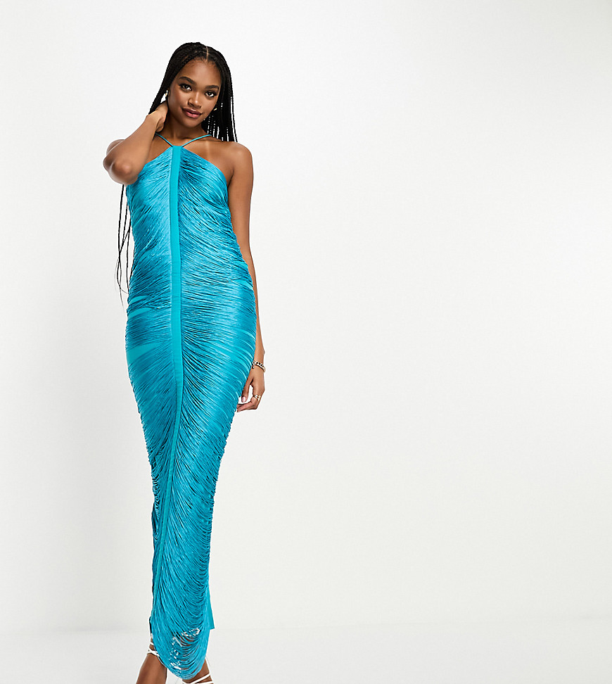 ASOS DESIGN Tall fringe drape halter maxi dress in teal-Blue