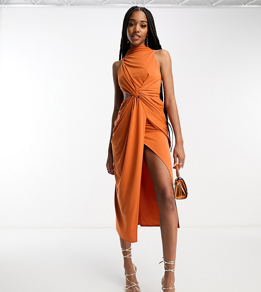 ASOS DESIGN Tall high neck drape minimal cut out midi dress in rust-Red