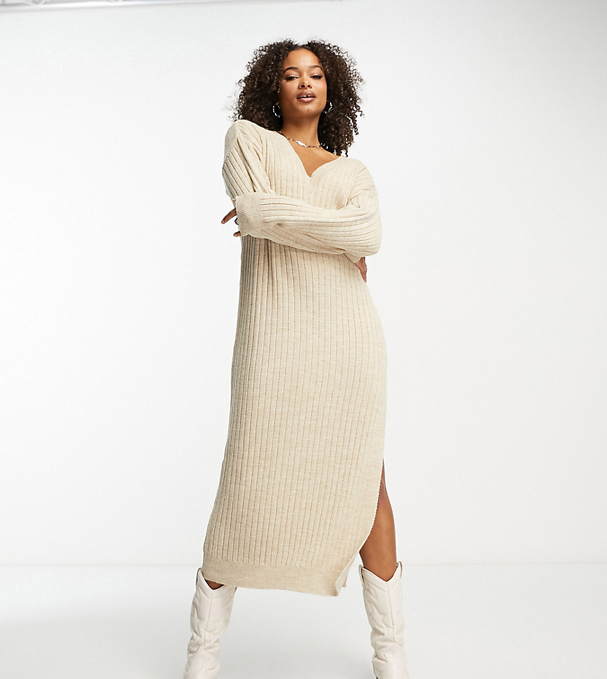 ASOS DESIGN Tall knitted maxi jumper dress with v neck in oatmeal-Neutral