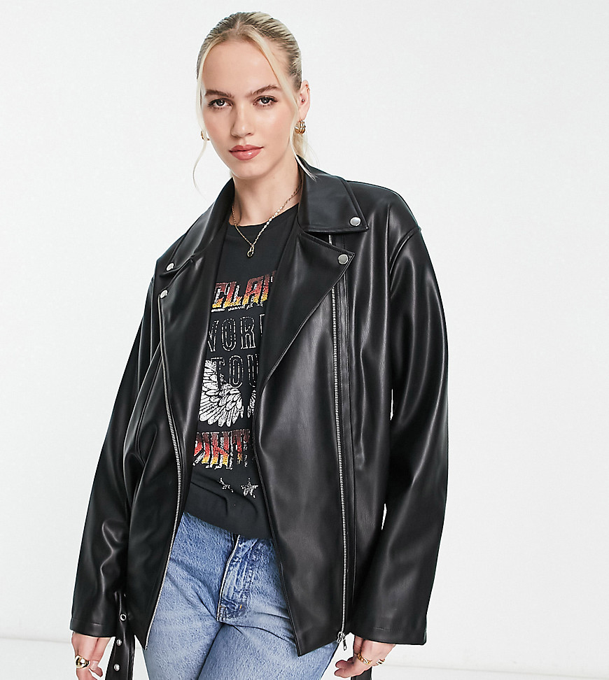 ASOS DESIGN Tall longline oversized faux leather biker jacket in black