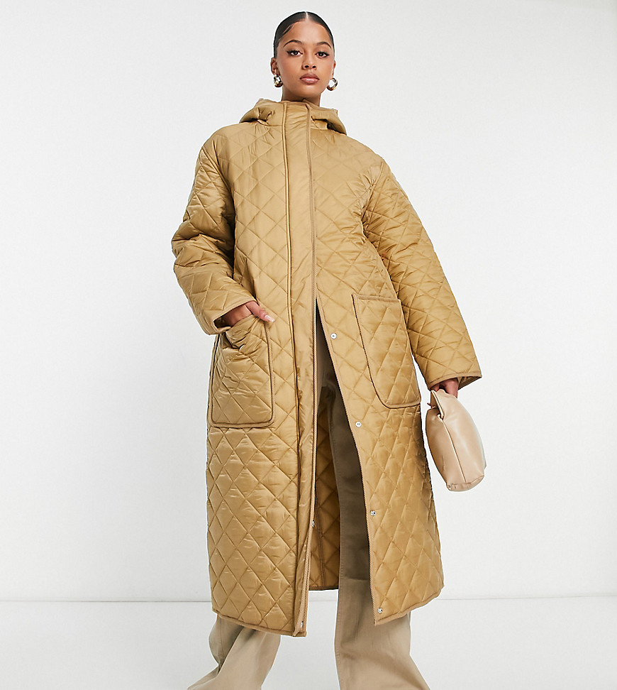ASOS DESIGN Tall longline quilted coat in camel-Neutral