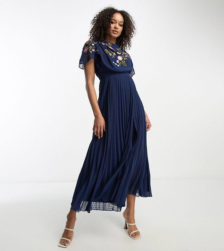 ASOS DESIGN Tall pleated dobby cowl front embroidered midi dress in navy