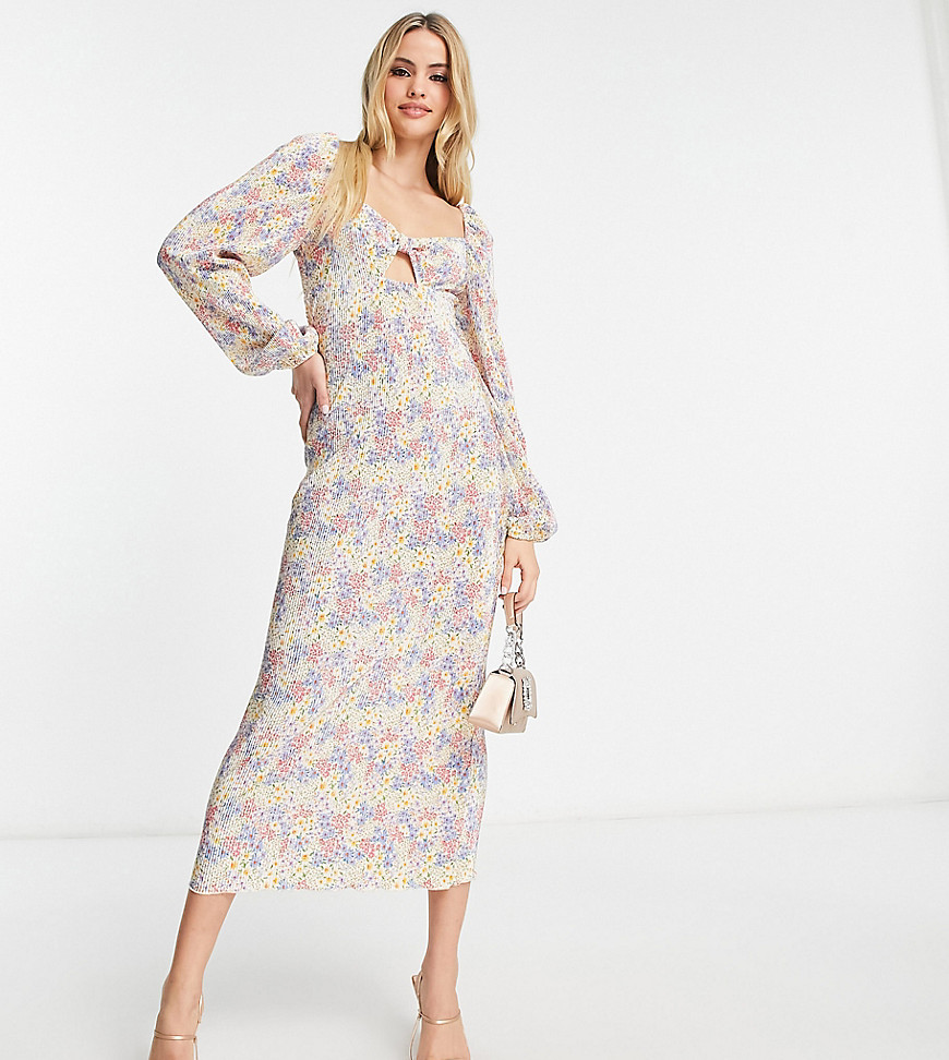 ASOS DESIGN Tall plisse long sleeve bust detail midi dress in blue ditsy floral-Multi