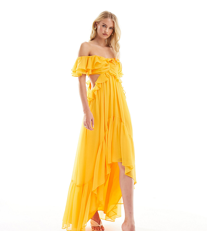 ASOS DESIGN Tall ruffle cut out off the shoulder maxi dress in bright orange