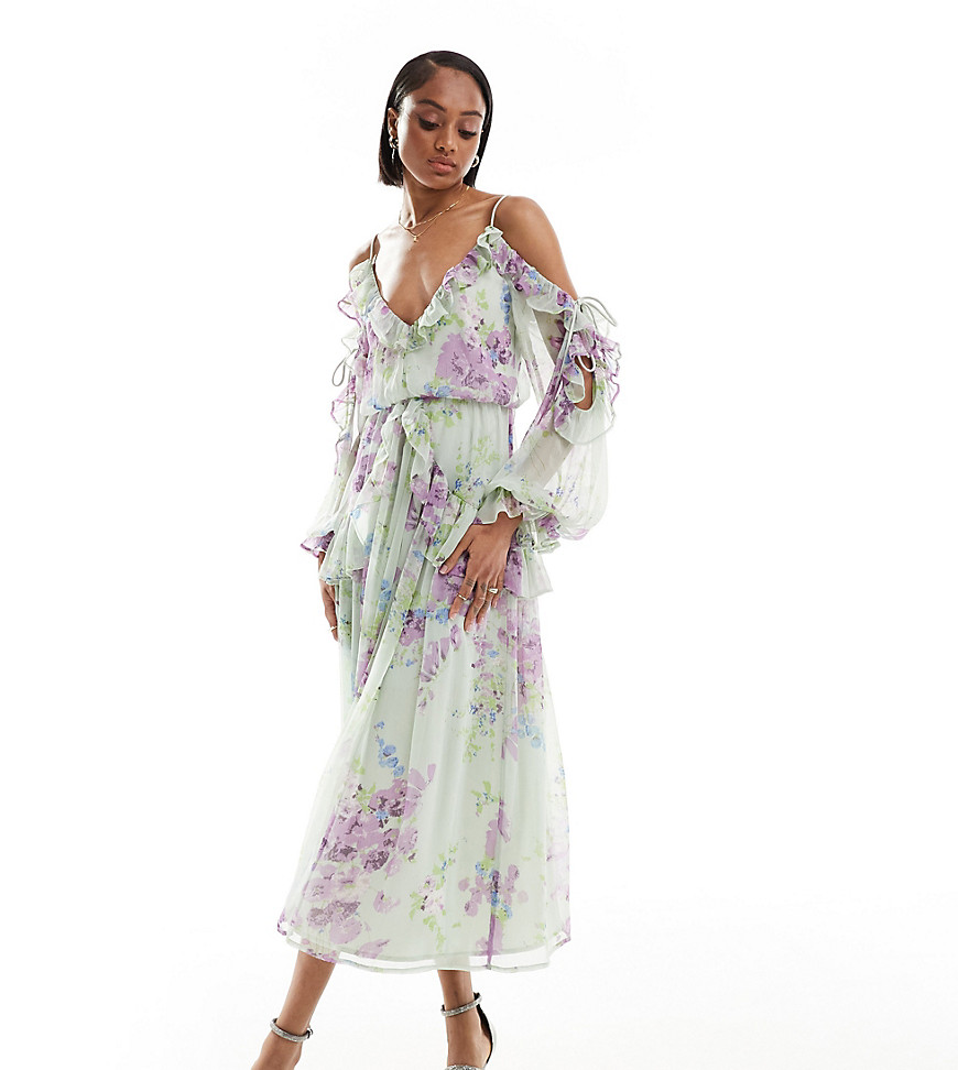 ASOS DESIGN Tall ruffle off shoulder midi dress in green floral print-Multi