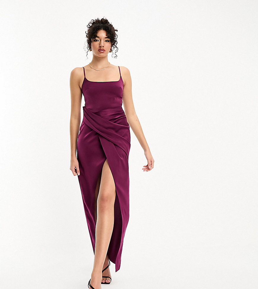 ASOS DESIGN Tall satin cami midi dress with drape skirt in plum-Purple
