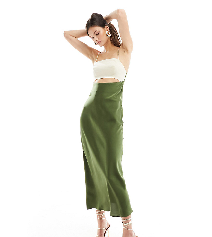 ASOS DESIGN Tall satin colourblock midi dress with cut out in khaki with gold bodice-Green