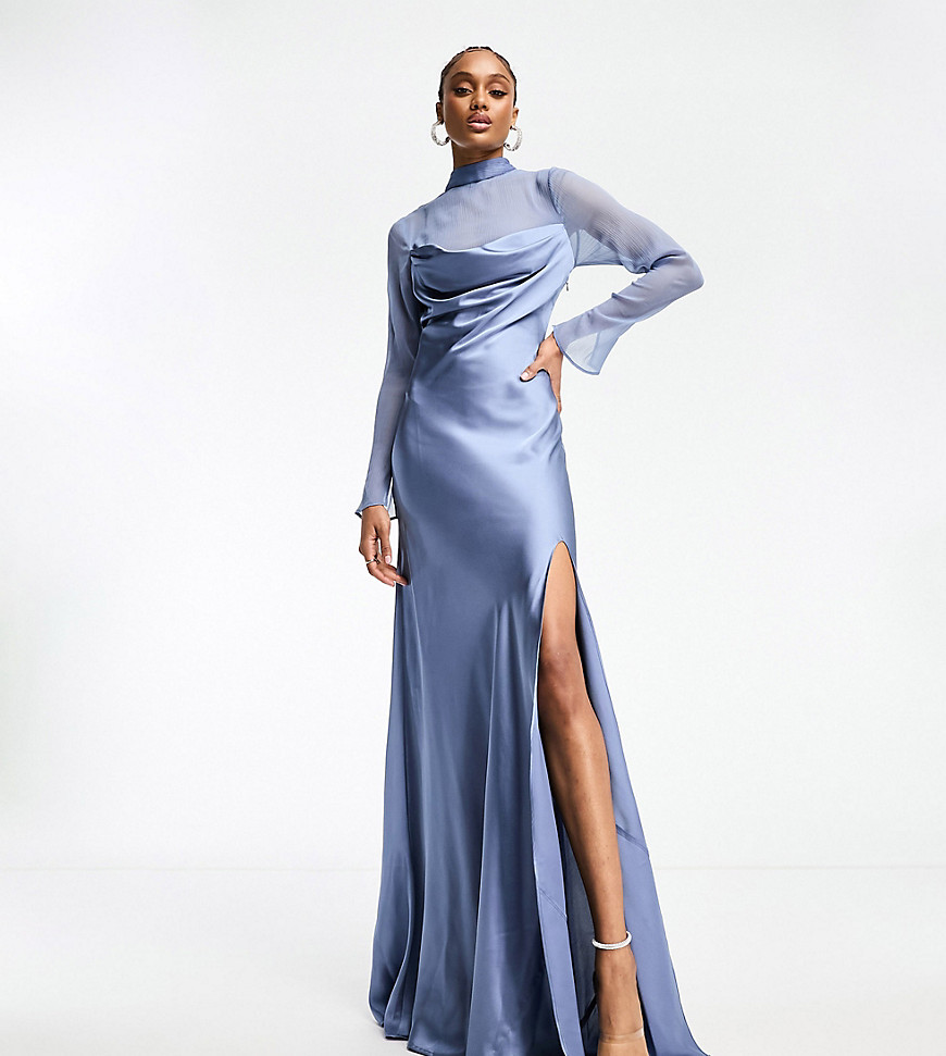 ASOS DESIGN Tall satin cowl maxi dress with chiffon layer in blue
