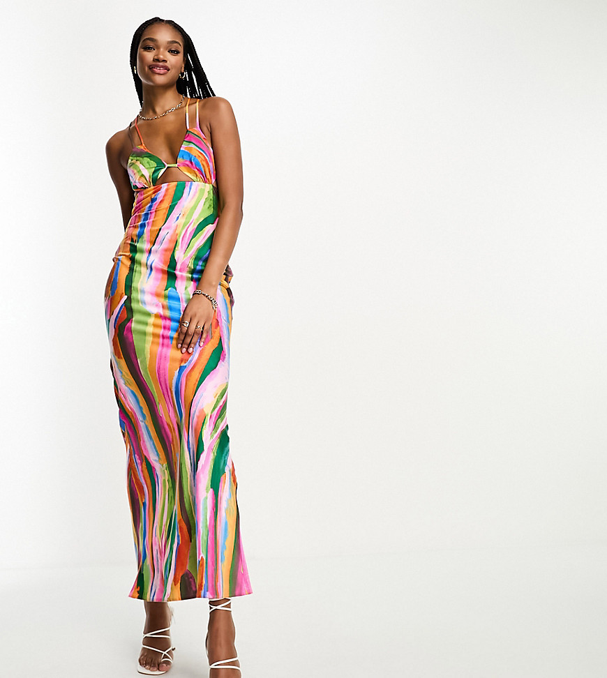ASOS DESIGN Tall satin cut out detail bust maxi dress in multi stripe print