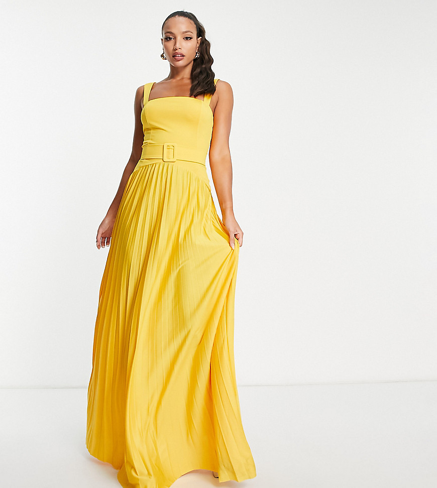 ASOS DESIGN Tall square neck dropped waist belted pleat maxi dress in marigold-Yellow