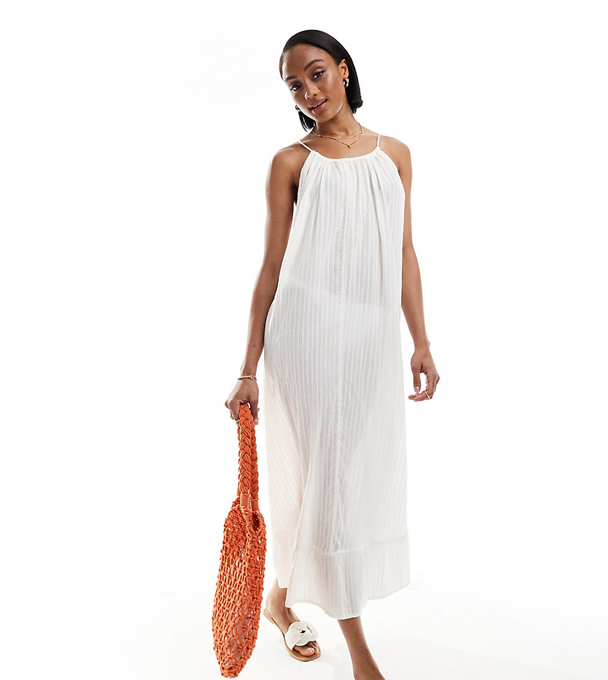 ASOS DESIGN Tall textured dobby drop hem maxi beach dress in ivory-White