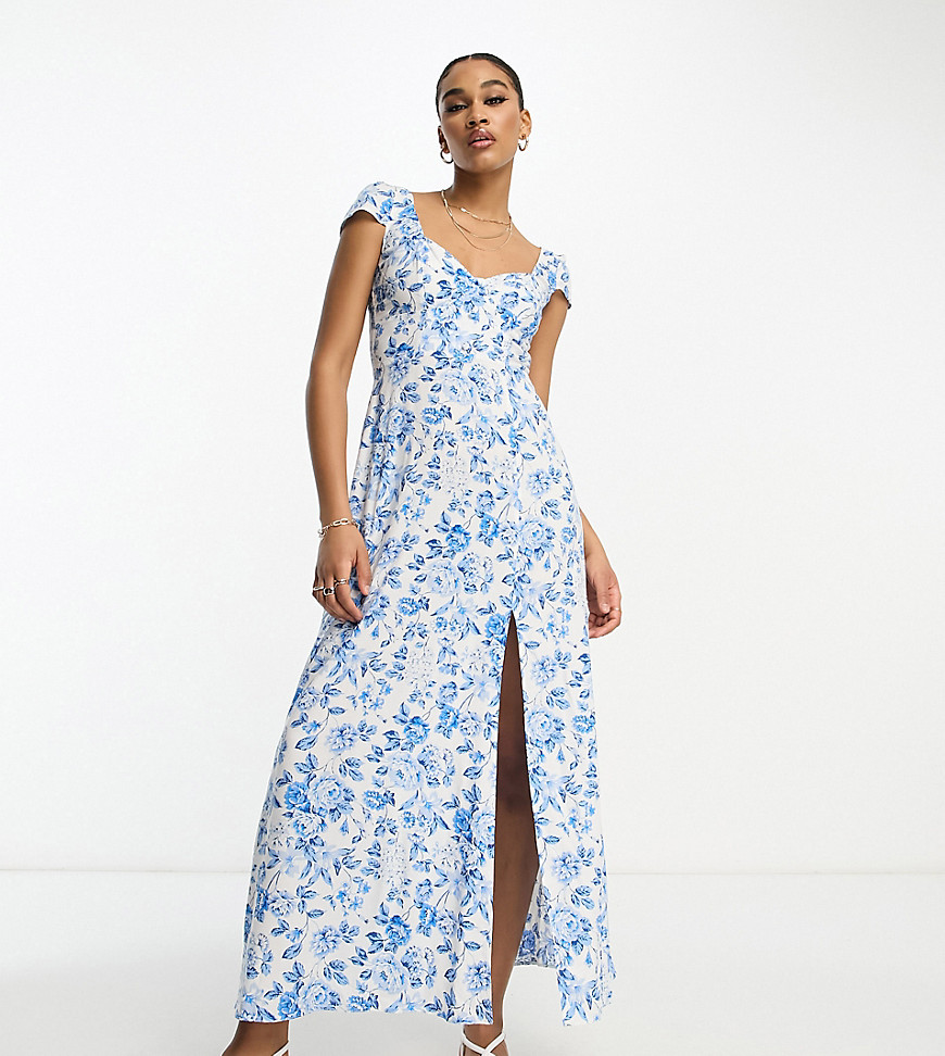ASOS DESIGN Tall viscose sweetheart neckline split front midi dress in blue floral-Multi