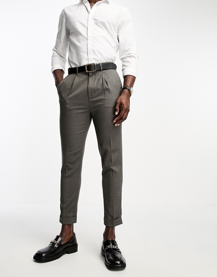 ASOS DESIGN tapered turnup smart trousers in brown texture-Neutral