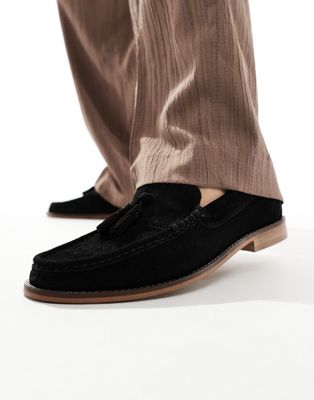 tassel loafers in black suede leather with natural sole