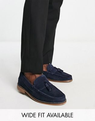 tassel loafers in navy suede with natural sole
