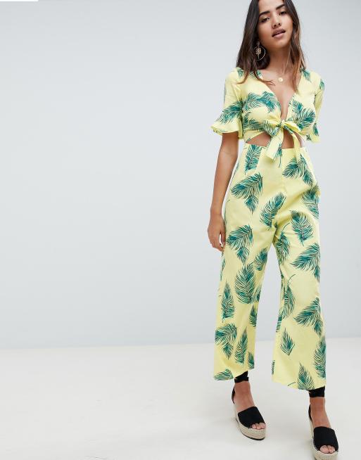 ASOS ASOS DESIGN tea jumpsuit with cut out and tie detail in linen in