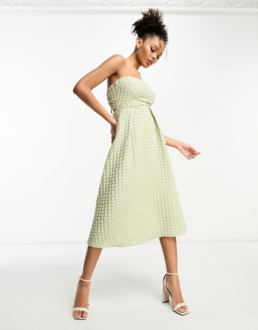 ASOS DESIGN textured bandeau cut out back with tie detail midi skater dress in sage green