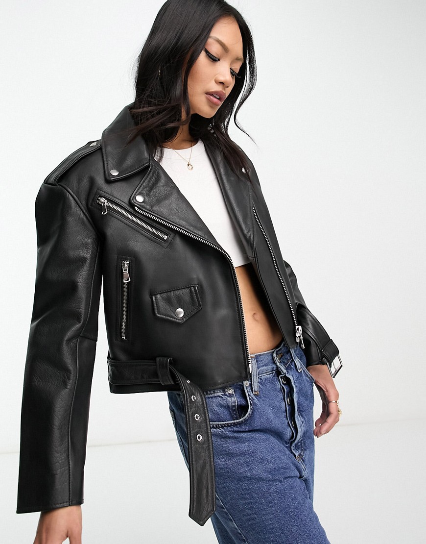 ASOS DESIGN textured premium real leather biker jacket in black