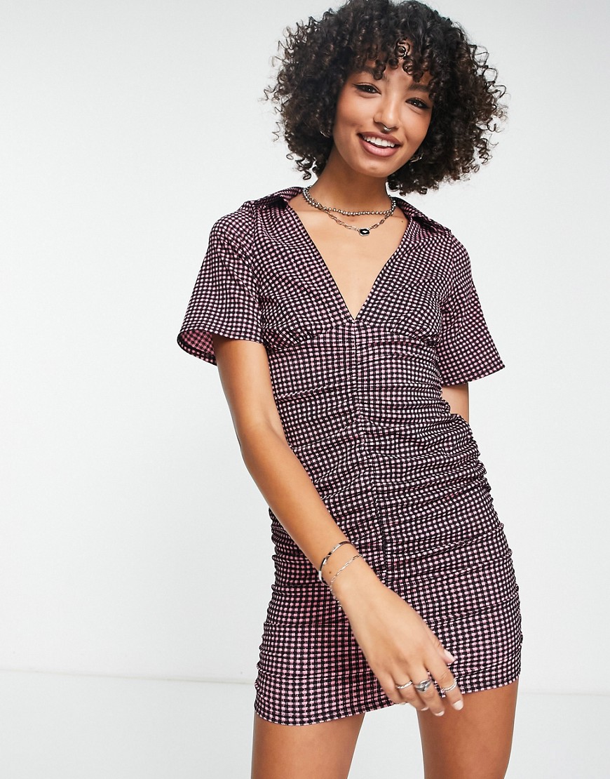 ASOS DESIGN textured short sleeve ruched mini dress in pink check-Multi