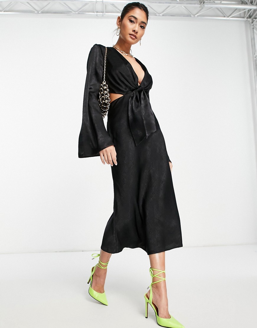 ASOS DESIGN tie front satin midi dress with flared sleeve and cut out side-Black
