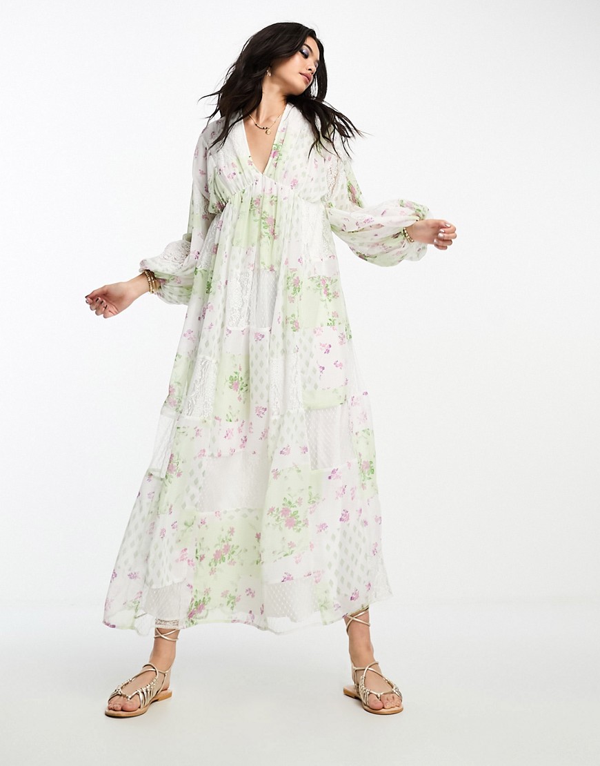 ASOS DESIGN trapeze maxi dress with blouson sleeve in mixed lace print-Multi