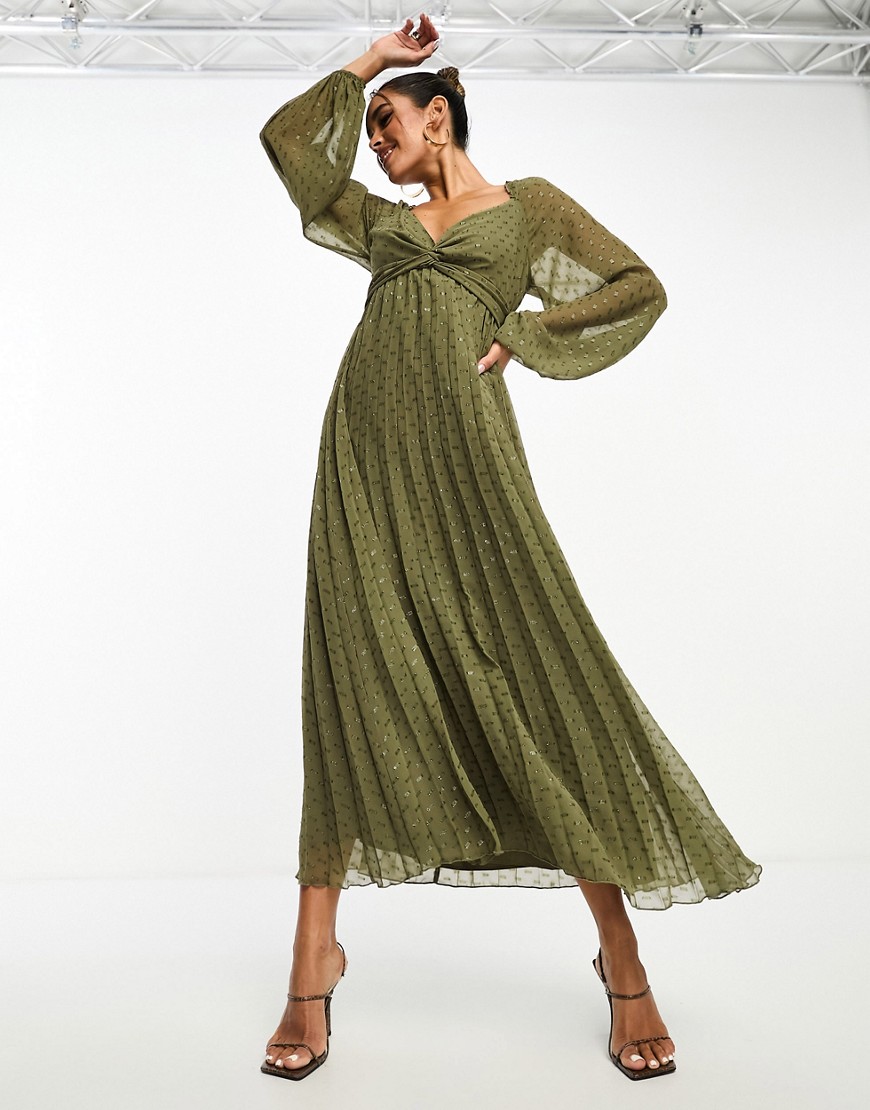 ASOS DESIGN twist front long sleeve metallic dobby chiffon midi dress in olive green