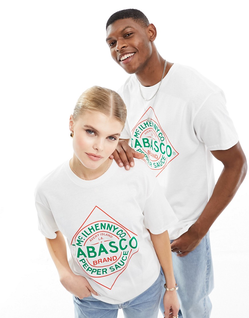 ASOS DESIGN unisex graphic tee in white with Tabasco logo print